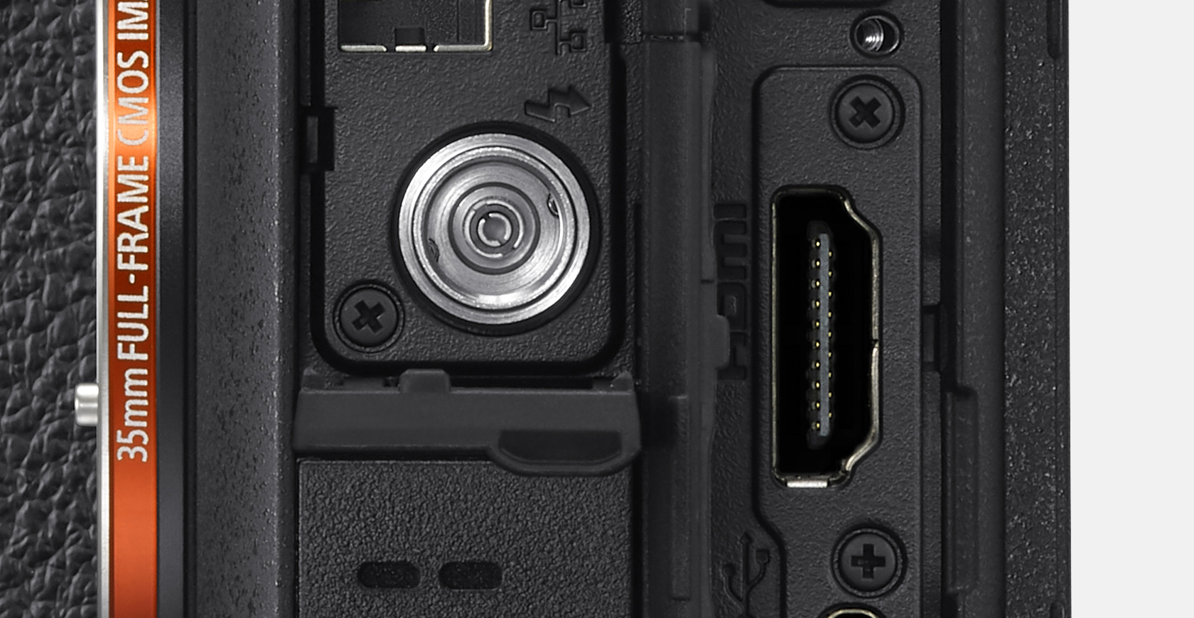Camera front and rear views showing HDMI and other connectors