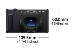 Камера, вид спереди, с указанием размеров: «Ширина 105,5 мм (4 1/4 дюйма)» и «Высота 60,0 мм (2 3/8 дюйма)»