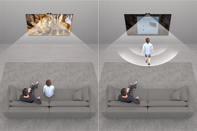Разделение экрана: на изображении слева два человека, которые смотрят телевизор на диване, а справа — один из них подходит к телевизору, и звучит предупреждение