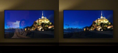 Изображения ночного города на вершине холма на отдельных экранах телевизора, которое демонстрирует преимущества покрытия X-Anti Reflection.