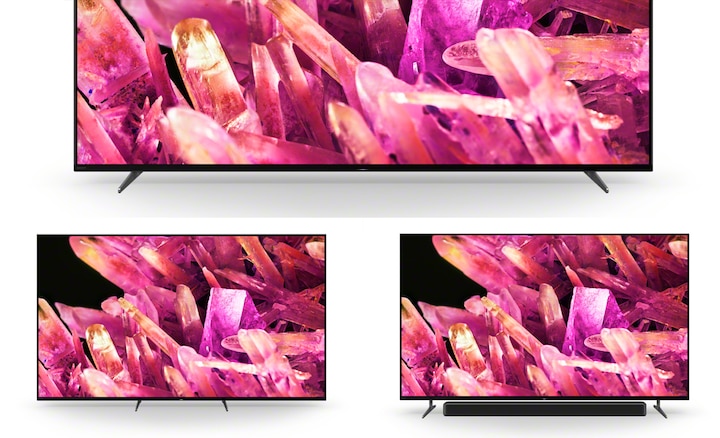 Тройная многопозиционная подставка и телевизор BRAVIA с изображением розовых кристаллов