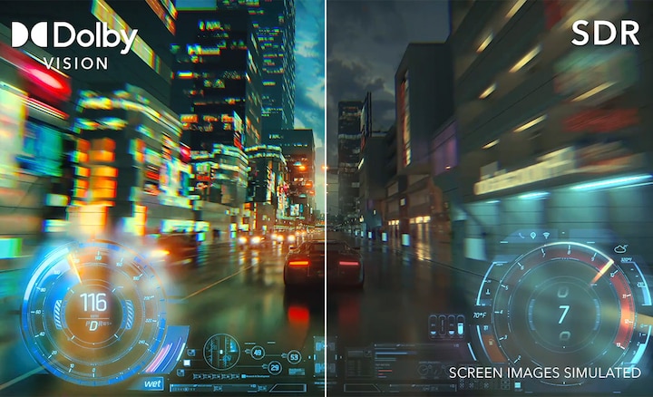 Разделение экрана игры на вождение с отображением Dolby Vision слева и SDR справа