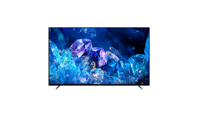 Телевизор BRAVIA A80K с подставкой и изображением синих и фиолетовых кристаллов на экране, вид спереди