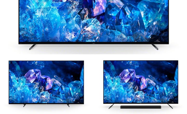 Тройная многопозиционная подставка и телевизор BRAVIA с изображением синих кристаллов