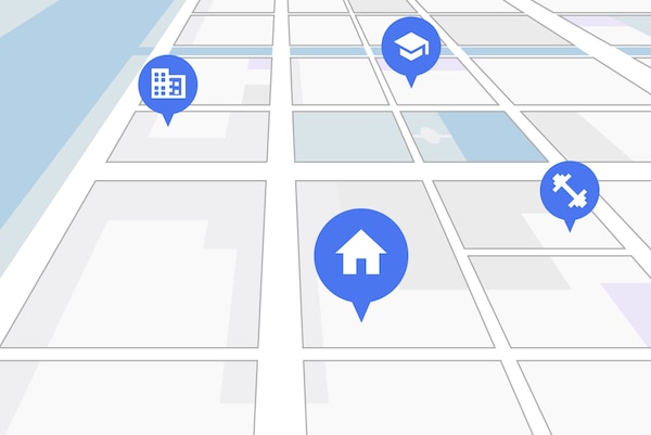 Карта улиц с навигационной сеткой, на которой указано местоположение дома, учебного заведения и офиса