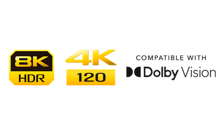 Изображение логотипа 8K HDR, логотипа 4K 120 и логотипа Compatible with Dolby Vision.
