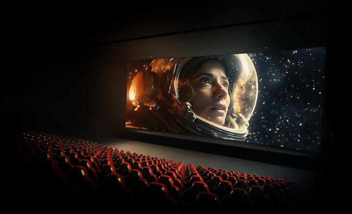 Изображение кинотеатра с рядами красных стульев и экраном, на котором показан астронавт в космосе