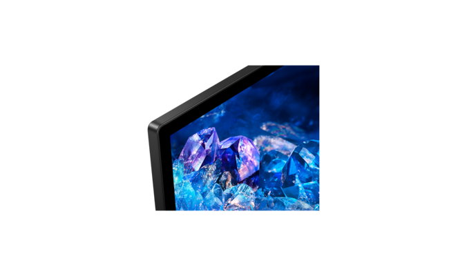 Телевизор BRAVIA A80K с изображением синих и фиолетовых кристаллов на экране, крупный план корпуса