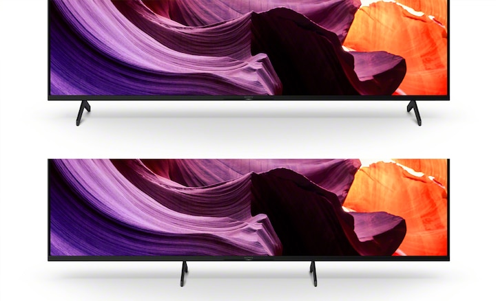 Изображение двойной многопозиционной подставки и телевизора BRAVIA с изображением фиолетовых и оранжевых объектов на экране