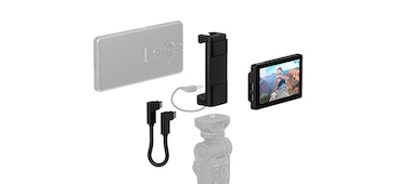 Компоненты Vlog Monitor, включая монитор, металлический держатель и кабель USB-C