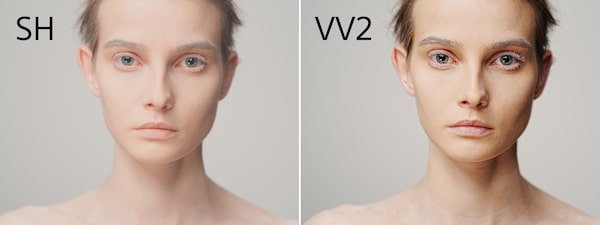 Две фотографии модели с разными цветовыми профилями