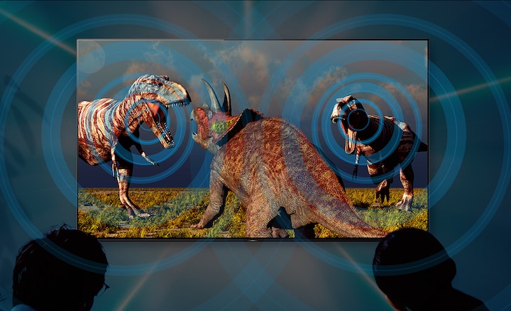 На изображении показано, как технология Acoustic Surface точно передает звуки динозавров в нужном месте на экране