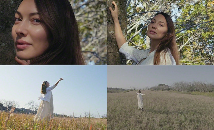 Четыре изображения женщины в сельской местности, снятые при фокусном расстоянии 16, 24, 70 и 105 мм.