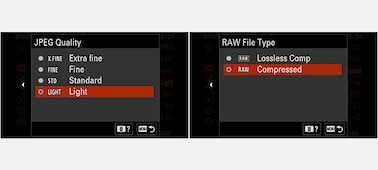 ЖК-экран камеры: экран выбора изображения RAW
ЖК-экран камеры: экран выбора качества JPEG