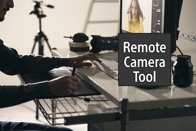 Изображение рабочего процесса с ПК в студии и логотипа приложения Remote Camera Tool