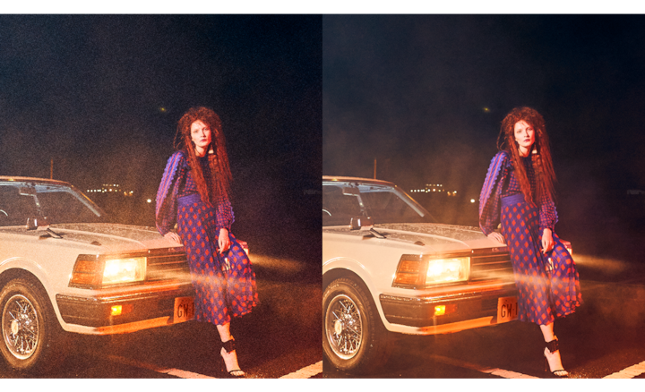 Два изображения женщины, прислонившейся к автомобилю; на одном изображении меньше шума, чем на другом.