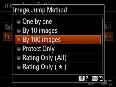 Меню камеры Image Jump Method (Способ перехода к изображению) с курсором на опции By 100 images (Через 100 снимков)