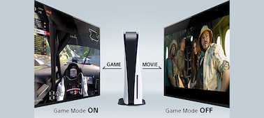 На двух экранах показано включение и выключение авторегулировки режима изображения, между экранами расположена консоль PS5