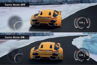 Разделенное изображение: на одной части показан автомобиль, сходящий с трассы (при выключенном игровом режиме), на другой — на трассе (при включенном режиме).