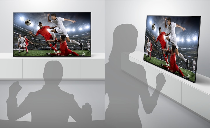 Изображение людей, наблюдающих за двумя экранами под разными углами, демонстрирующее истинные цвета со всех сторон