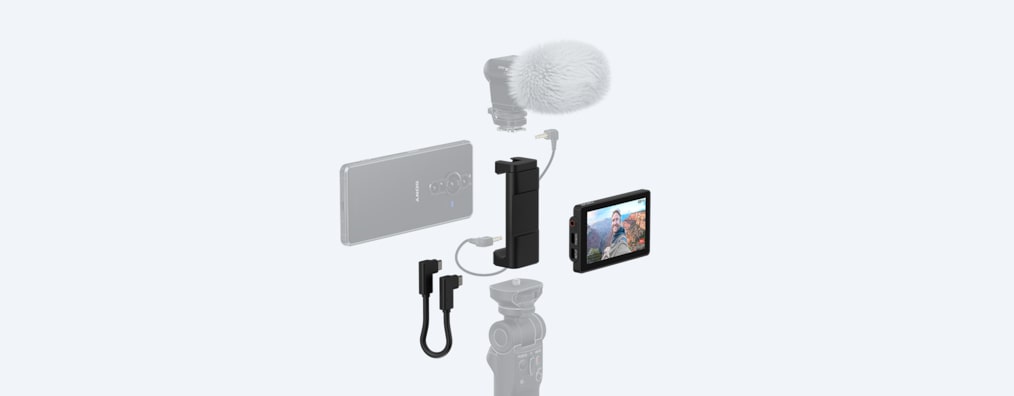 Компоненты Vlog Monitor, включая монитор, металлический держатель и кабель USB-C