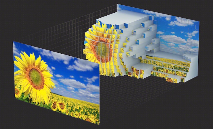 Изображения 2 экранов под углом: на экране слева изображены подсолнухи в поле под облачным небом, справа — процесс анализа и создания карты глубины этой сцены технологией Cognitive Intelligence для улучшения глубины и текстуры изображения