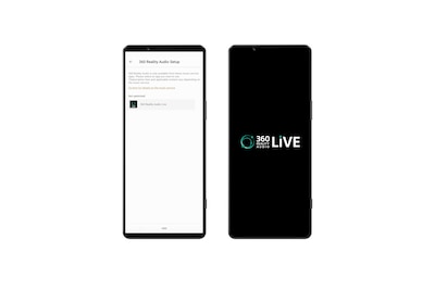 Два телефона рядом: у одного на экране интерфейс 360 Reality Audio Live, у другого — логотип 360 Reality Audio Live.