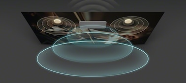 Изображение звуковых волн, исходящих от телевизора благодаря технологии Acoustic Surface Audio＋