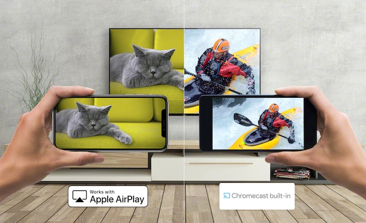Изображение кота и байдарочника, транслируемое со смартфона на телевизор