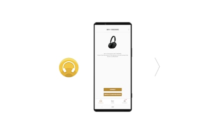 Изображение смартфона с интерфейсом приложения Headphones Connect на экране и логотипом Headphones Connect слева.