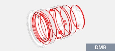 Схема, на которой красным цветом выделены местоположения всех круглых уплотнений корпуса объектива, обеспечивающих защиту от попадания пыли и влаги