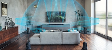 Тыловые акустические системы SA-RS3S на подставках в гостиной с диваном, саундбар на тумбе и большой телевизор. Звуковые волны исходят с динамиков к потолку и отражаются от стен.