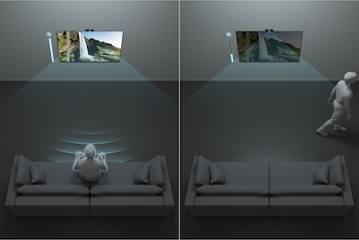 На одном изображении человек смотрит BRAVIA, на втором — отходит от него, после чего экран темнеет в режиме автоматического энергосбережения