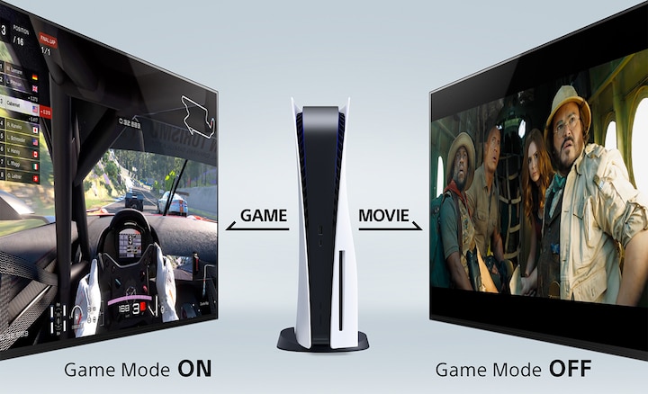 Два телевизора BRAVIA и PS5™ между ними. На левом экране игровой режим включен. На правом экране игровой режим выключен.