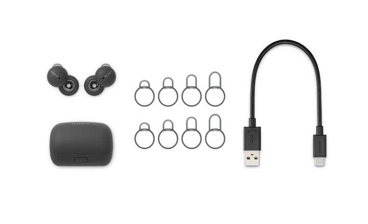 Изображение чехла LinkBuds серого цвета с наушниками LinkBuds, держателями 5 размеров и зарядным кабелем USB-C