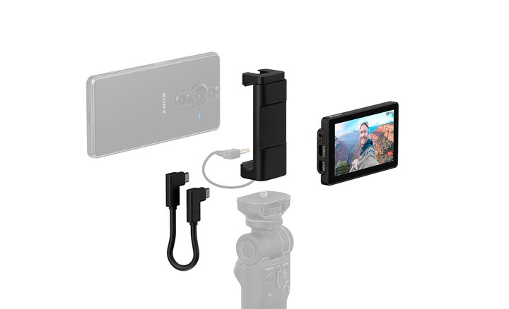 Комплектующие Vlog Monitor для Xperia PRO-I, включая монитор, металлический держатель и кабель USB-C.