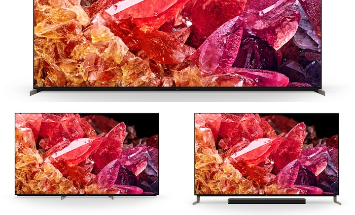 Тройная многопозиционная подставка и телевизор BRAVIA с изображением красных, розовых и оранжевых кристаллов