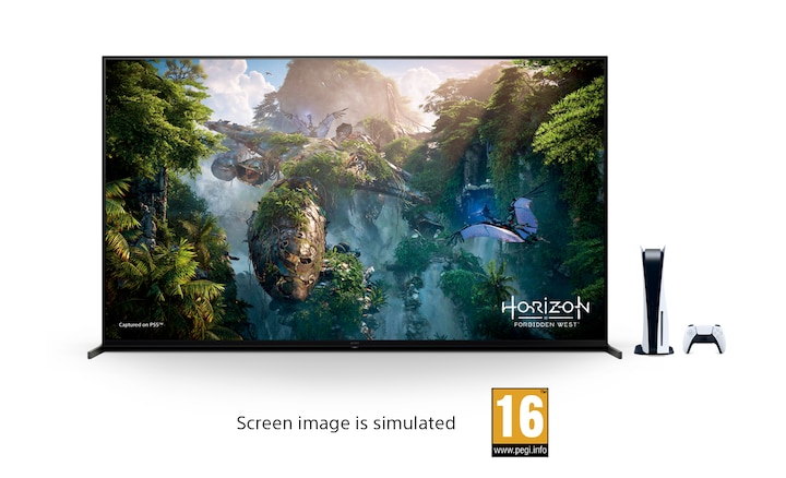 Консоль PlayStation®5 и контроллер с телевизором BRAVIA XR™, на экране которого изображение из Horizon Forbidden West