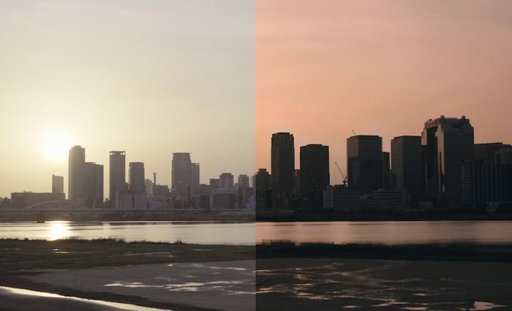 Изображения городского пейзажа до и после цветокоррекции