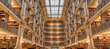 Изображение интерьера библиотеки, демонстрирующее детали архитектурного стиля в 4K