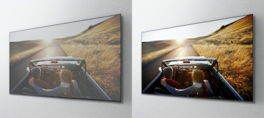 Изображение движущегося автомобиля в на отдельных экранах телевизора, которое демонстрирует преимущества панели X-Wide Angle.