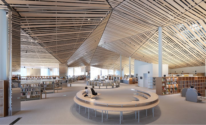 Изображение в высоком разрешении по всей площади, демонстрирующее продуманный интерьер библиотеки, потолок которой сделан из множества прямых деревянных досок