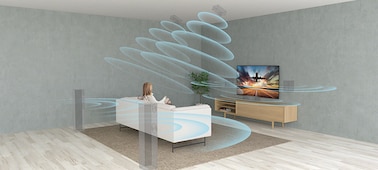 Изображение гостиной, демонстрирующее объемный звук с помощью повышения разрешения 3D Surround
