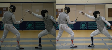 Изображения фехтовальщиков, иллюстрирующие работу режима съемки с подавлением мерцания (на фото слева режим активирован, а на фото справа нет)