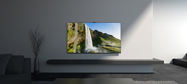Изображение гостиной, демонстрирующее телевизор BRAVIA с BRAVIA CAM над подставкой