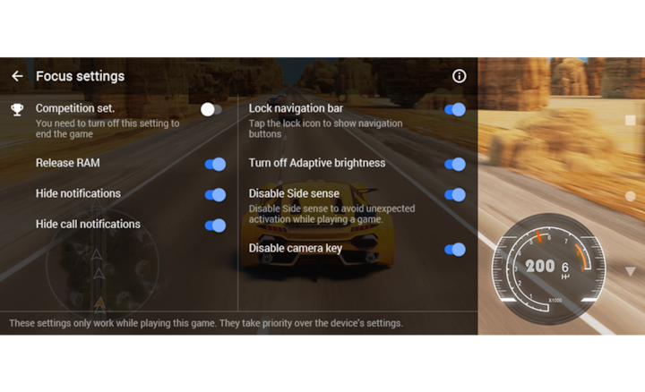 Снимок экрана из гоночной игры с настройками фокуса