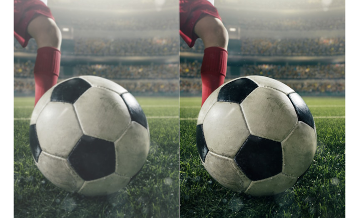 Две фотографии показывают разницу в качестве изображения футбольного мяча на поле перед ногой игрока