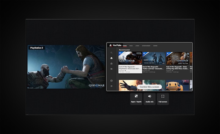 Снимок экрана с изображением технологии Multi-View: слева — изображение «God of War: Рагнарёк», справа — YouTube