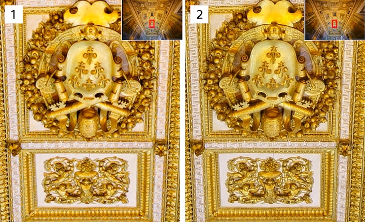 Изображения мультикадровой съемки со смещением пикселей (обычный снимок — слева, более подробный составной — справа)