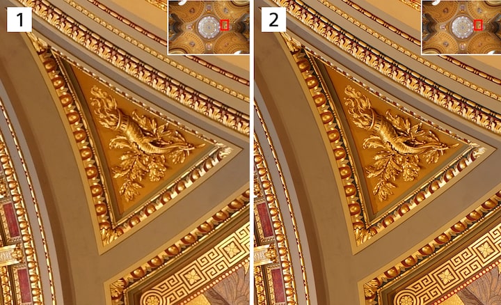 Два изображения архитектурных деталей (обычное и составное, созданное с помощью мультикадровой съемки со смещением пикселей)